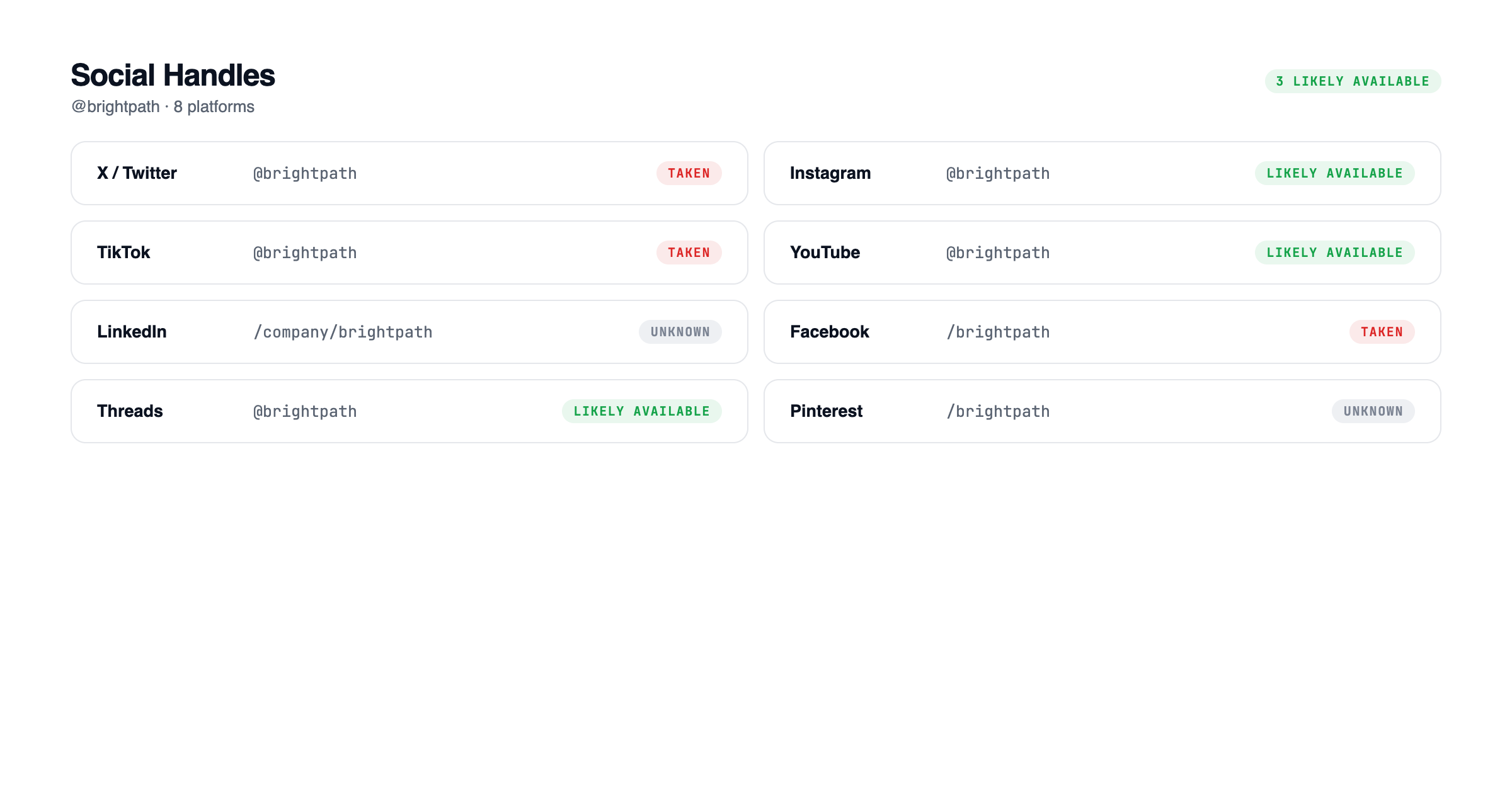 The Social Handles section of a report listing all eight platforms with the state of the brand's handle on each